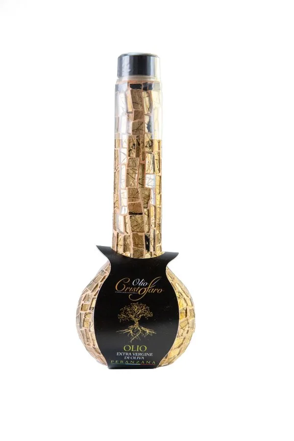 Bottiglia regalo Roxanne Oro rivestita in mosaico artigianale con olio extravergine biologico