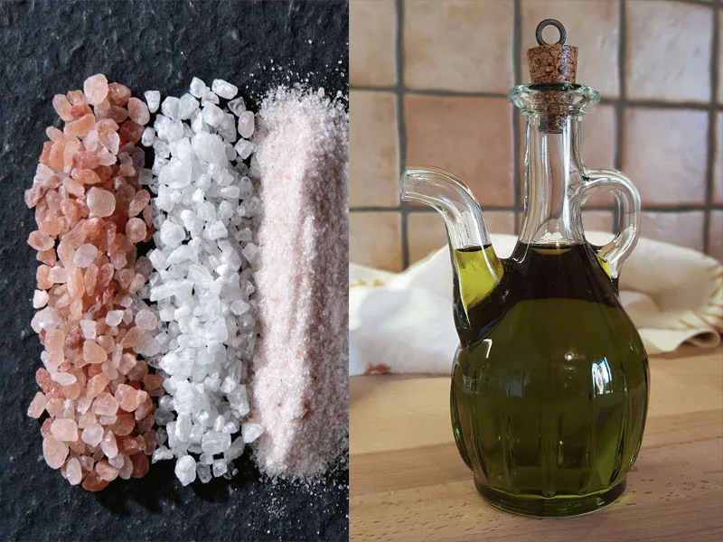 Ciotola con olio extravergine di oliva e sale rosa dell'Himalaya per uno scrub fai da te