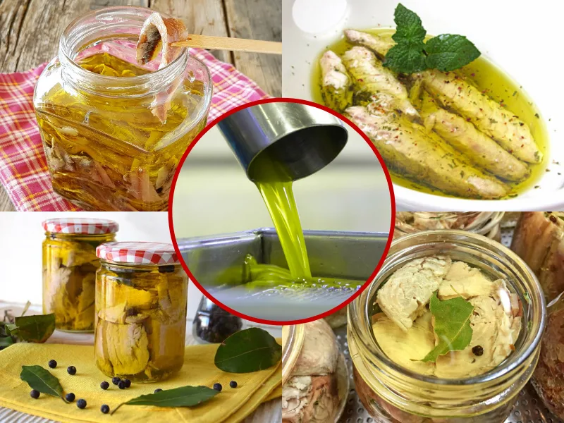 Filetti di pesce conservati sott'olio in barattoli di vetro