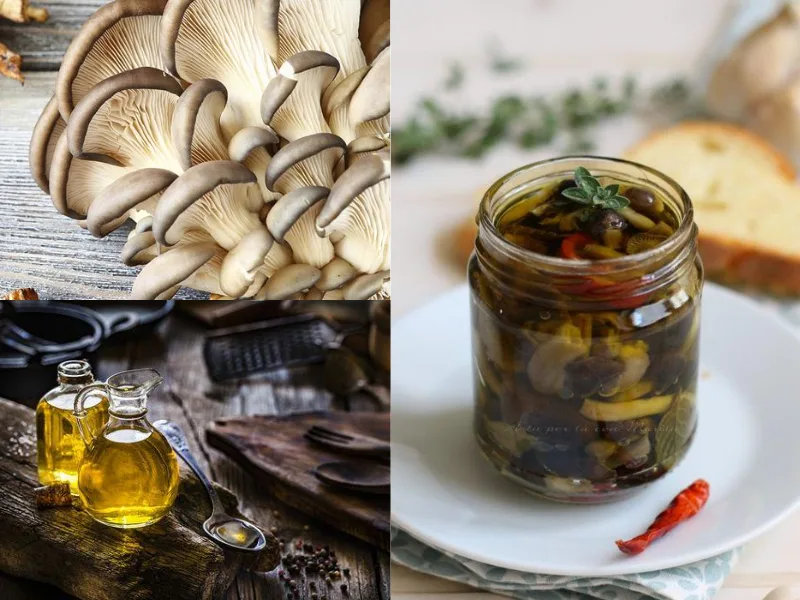 Bottiglia di Olio Extravergine di Oliva pugliese Olio Cristofaro accanto a funghi cardoncelli freschi