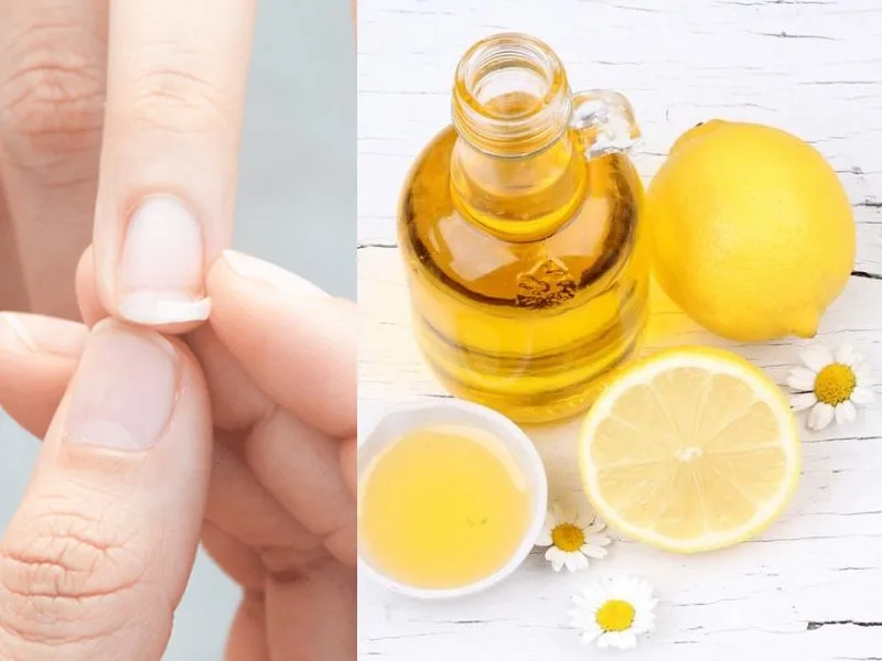 Ciotola con olio extravergine di oliva e fette di limone per la cura delle unghie