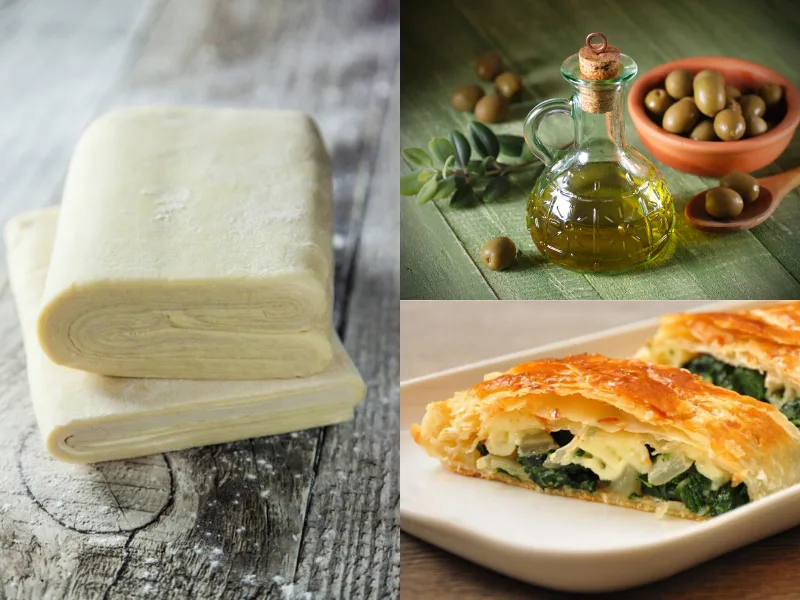 Olio extravergine di oliva versato, protagonista della pasta sfoglia senza burro