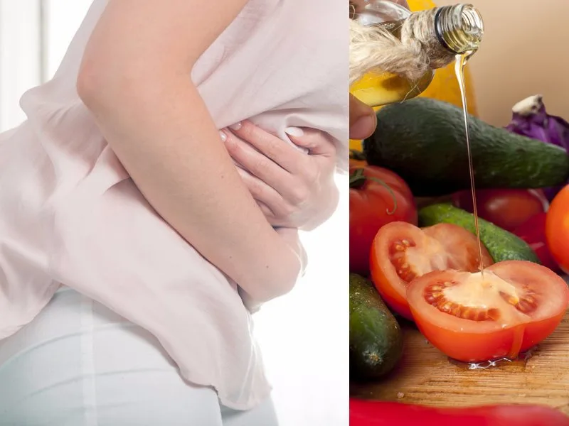 Un cucchiaio di olio extravergine d'oliva Cristofaro versato su un piatto, simbolo di benessere digestivo