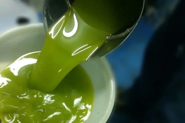 Getto d'olio extravergine appena spremuto in frantoio, dal colore intenso