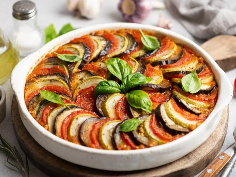 Ratatouille con verdure mediterranee condita con olio extravergine di oliva Cristofaro