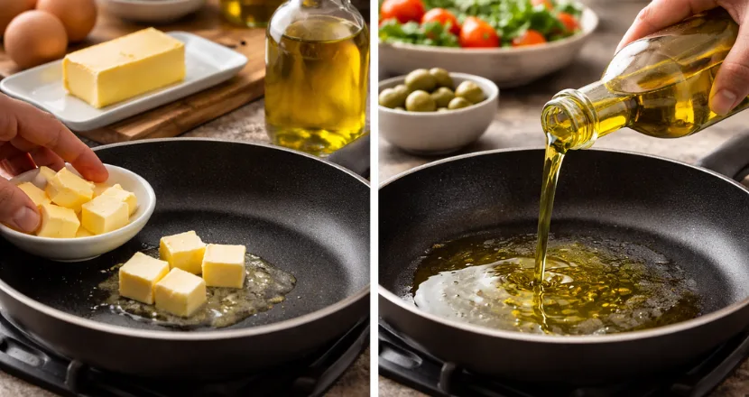 Bottiglia di olio extravergine accanto a un panetto di burro e ingredienti da pasticceria
