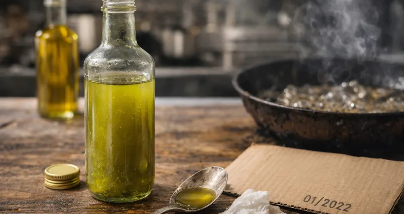 Bottiglia di olio extravergine con etichetta e data di scadenza