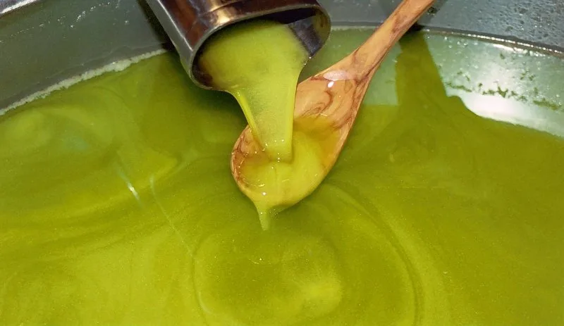 Bottiglia di olio extravergine con l'olio solidificato e congelato all'interno