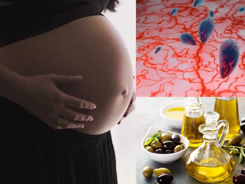Futura mamma che condisce un piatto con olio extravergine di oliva