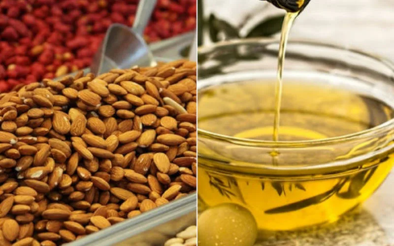 Bruschette con olio extravergine, noci, mandorle e nocciole a rappresentare la dieta mediterranea