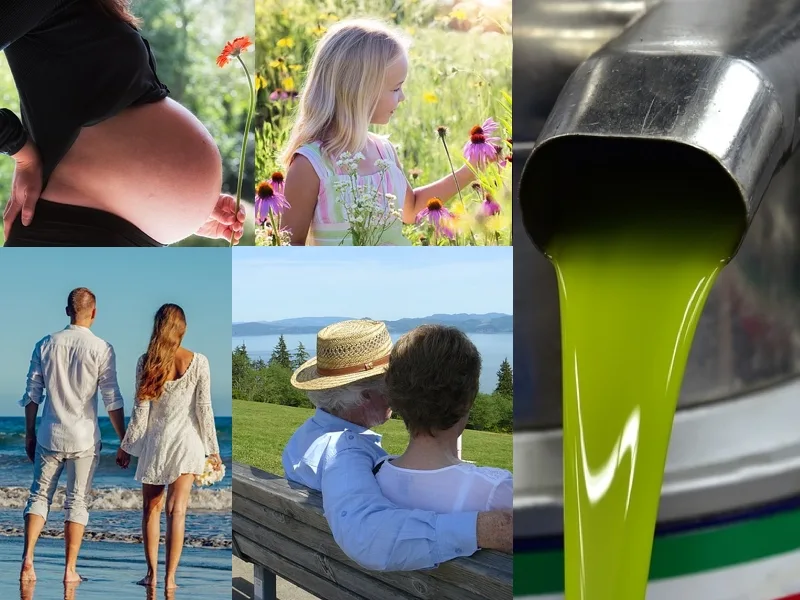 Bottiglia di olio extravergine Olio Cristofaro versato su un piatto, simbolo dell'uso quotidiano nell'alimentazione