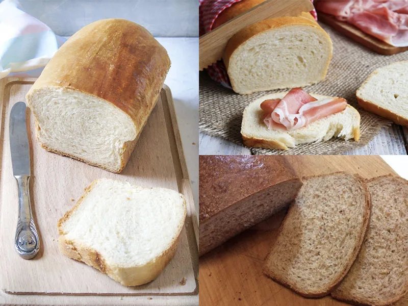 Pan bauletto fatto in casa con olio extravergine di oliva, a fette su tagliere di legno