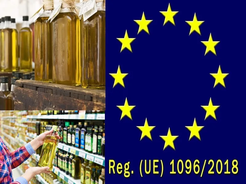Bottiglie di olio extravergine con etichetta conforme alla normativa europea