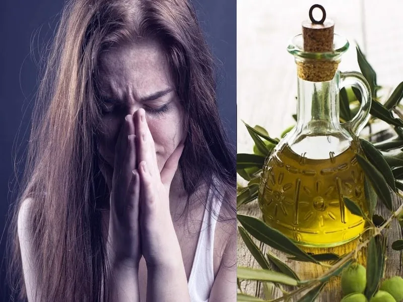 Un cucchiaio versa olio extravergine di oliva dorato, simbolo del legame tra alimentazione e benessere mentale