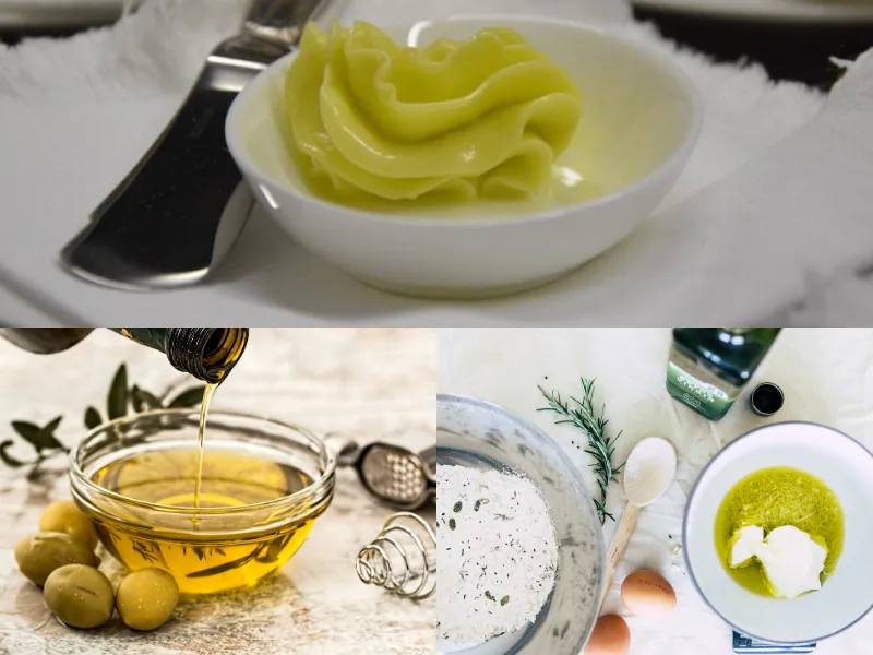 Composizione con olio extravergine di oliva pronto per essere lavorato in cucina
