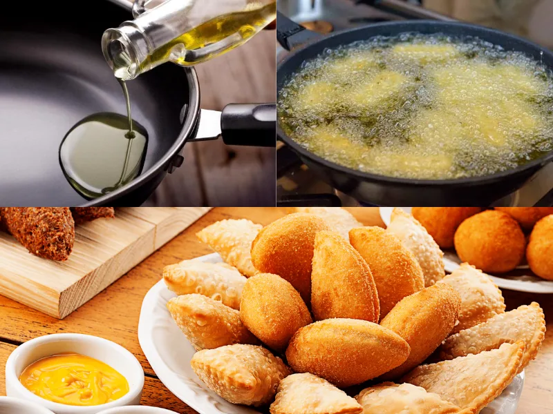 Olio extravergine di oliva versato durante la preparazione di una frittura