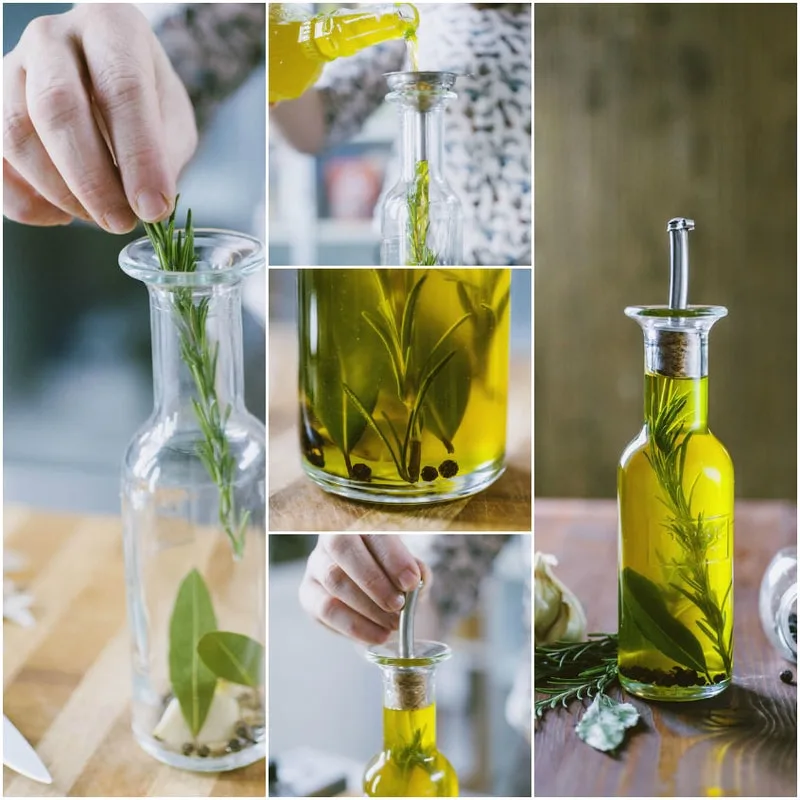 Bottiglia di olio extravergine con erbe aromatiche pronte per l'infusione