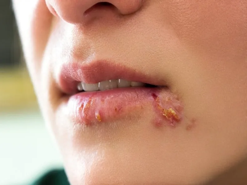 Bottiglia di olio extravergine di oliva accanto a un rimedio naturale per l'herpes labiale
