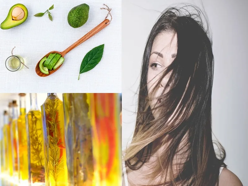 Bottiglia di olio extravergine di oliva usato come trattamento naturale per stimolare la crescita dei capelli
