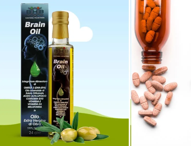 Integratore alimentare a base di olio extravergine di oliva accanto a una bottiglia di olio
