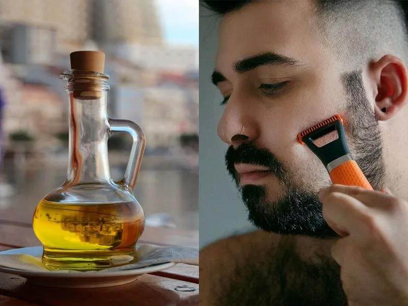 Olio di oliva versato accanto a un rasoio, pronto per la pre-rasatura