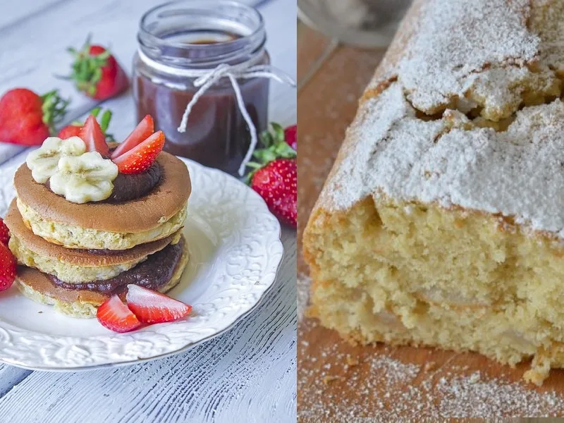 Plumcake e pancake dorati preparati con olio extravergine di oliva