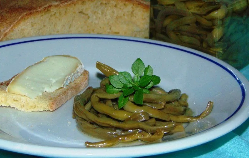Fagiolini sott'olio serviti come contorno con formaggi e salumi