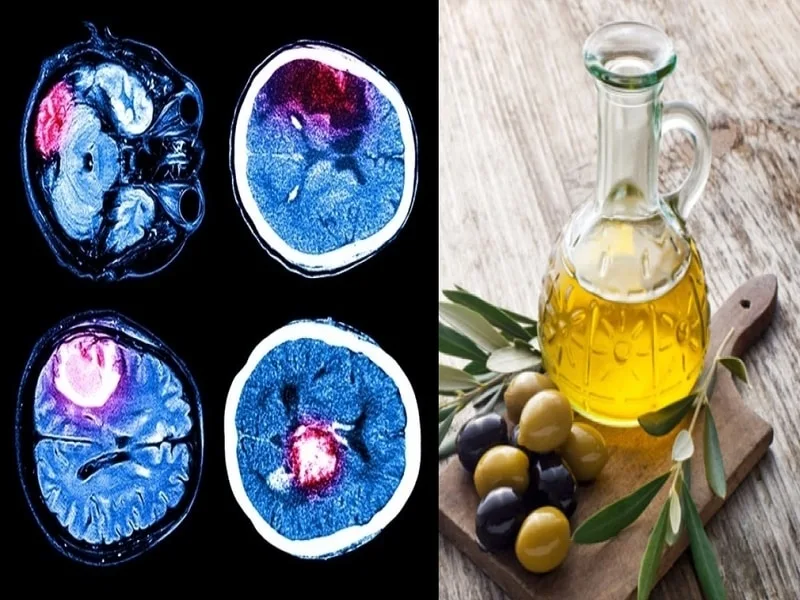 Filo d'olio extravergine di oliva versato lentamente, simbolo di prevenzione cardiovascolare e cerebrale