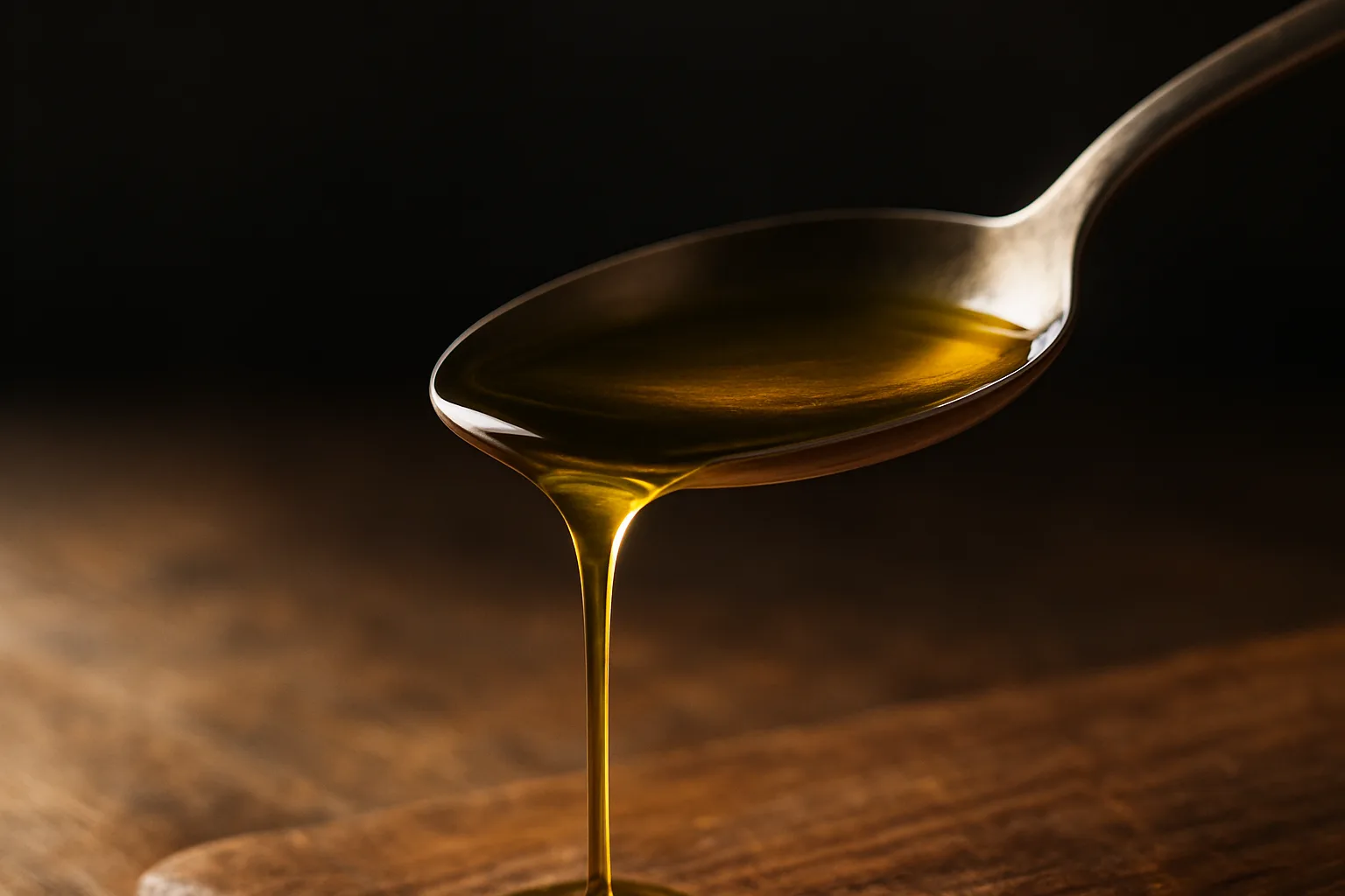Cucchiaio di olio extravergine di oliva versato a crudo su verdure fresche