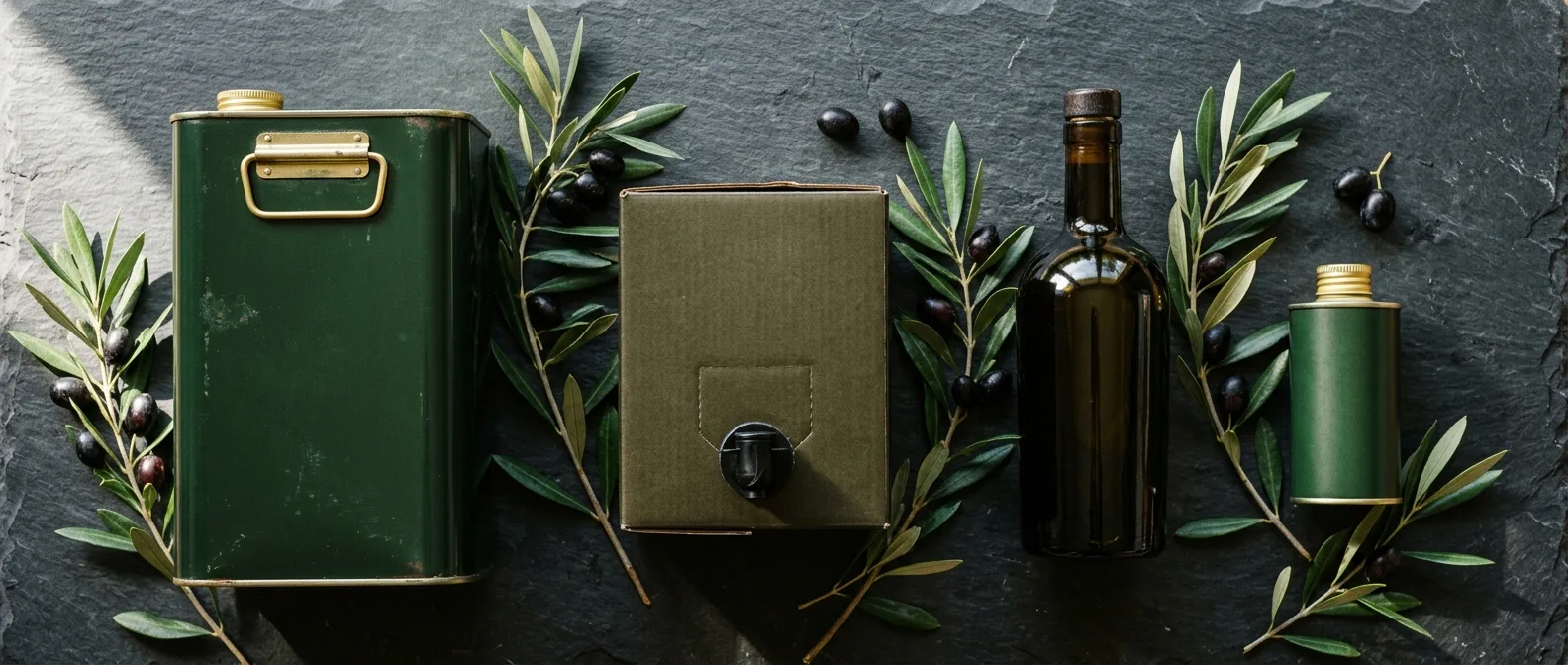 Diversi formati di packaging per olio extravergine d'oliva all'ingrosso: cisterna, bag in box, lattina, bottiglia vetro