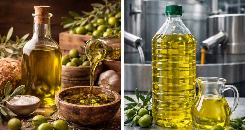 Confronto tra olio extravergine artigianale e industriale: bottiglie e olive su superficie in legno